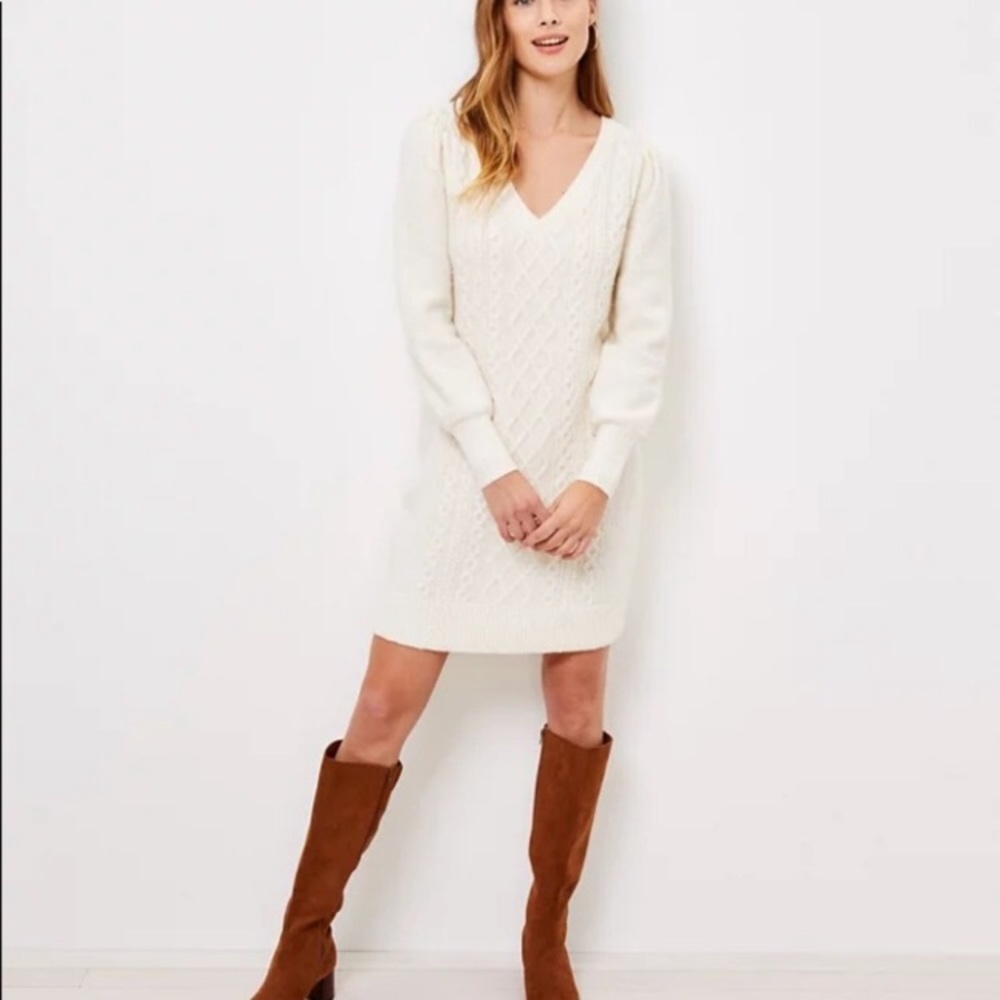 LOFT Puff Sleeve Cable Sweater Dress